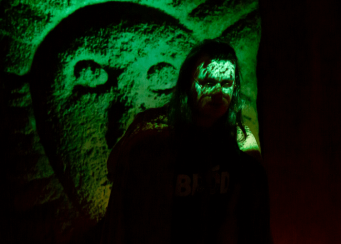 Green-lit folklore projection casts eerie patterns over a man at the National Leprechaun Museum, creating a mystical mythological atmosphere.