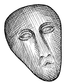 Black and white illustration of a carved, mask-like face with cross-hatched shading, echoing traditional Irish folklore and mythic artwork.