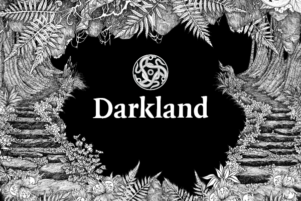 “Darkland” illustration showing dense forest foliage, winding stone steps and Celtic knot symbol, evoking Irish folklore themes.
