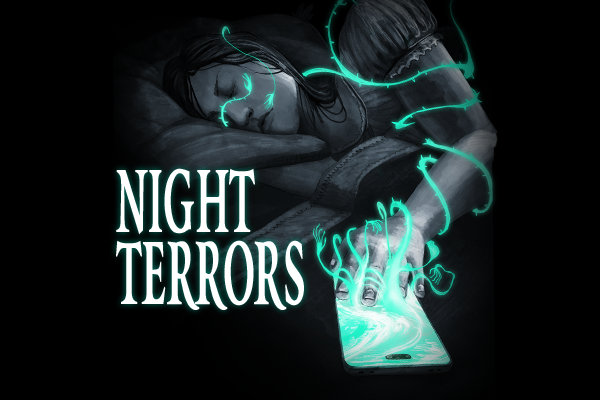 Illustration of a woman asleep as glowing spectral shapes emerge from her phone, evoking eerie Night Terrors and darker Irish folklore themes.