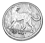 Black-and-white illustration of an old Irish sixpence coin showing a wolfhound.