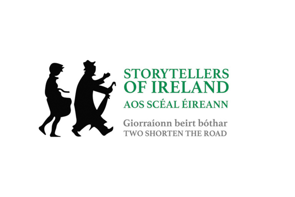 Storytellers of Ireland logo featuring two silhouetted figures and the motto “Giorthaíonn beirt bóthar - Two Shorten the Road.”