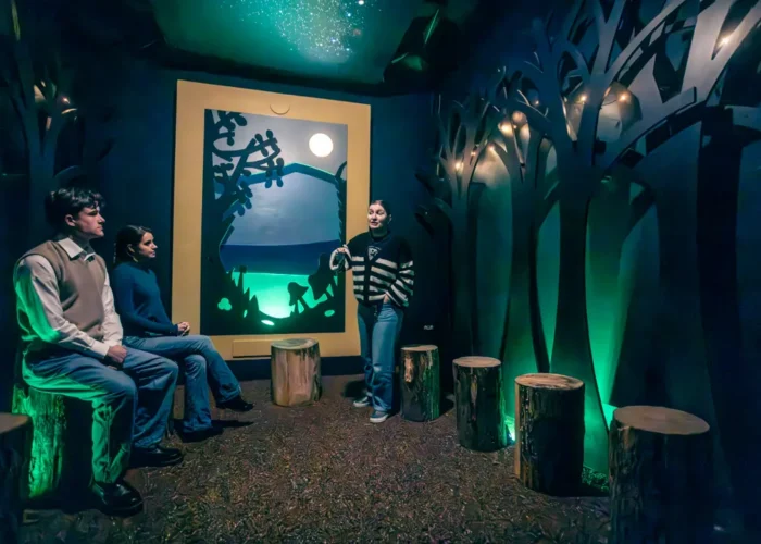 Guide telling Irish folklore to two visitors inside a forest-themed room with glowing green lighting and a moonlit storytelling backdrop at the museum.