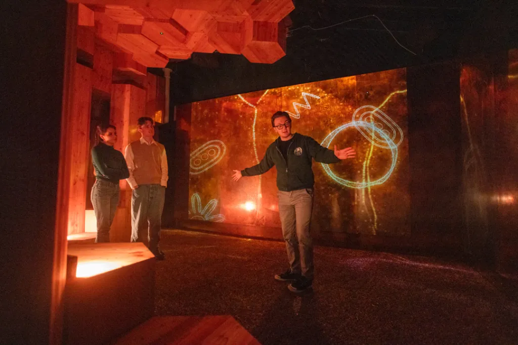 Guide presenting glowing folklore symbols to two visitors inside a warm, wood-themed storytelling room inspired by Irish myth and legend.