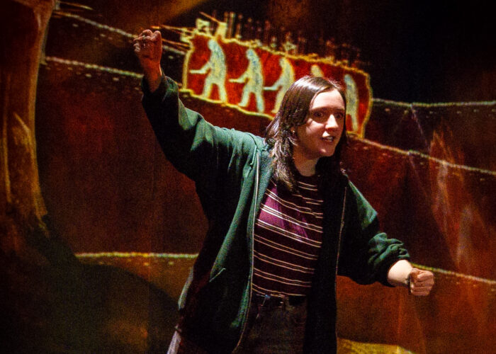 A storyteller stands in the Fairy Hill of the museum. She is illuminated by a spotlight. Behind her, an illustrated background is projected onto the walls.