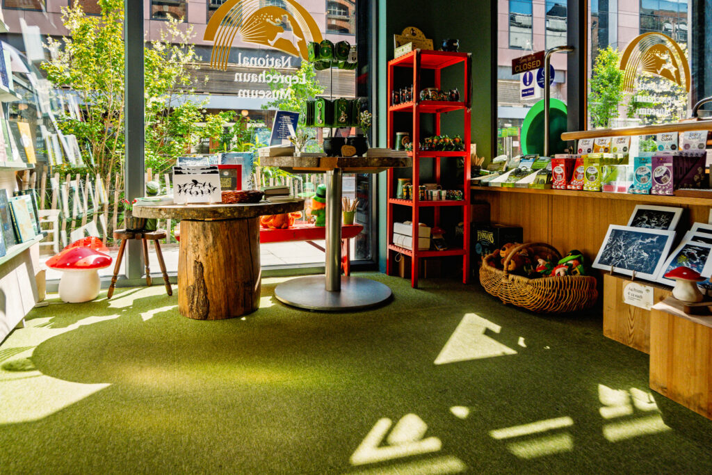 The museum gift shop, with sunlight shining through a large window. Wooden tables made from logs and shelves displaying souvenirs and prints can be seen.