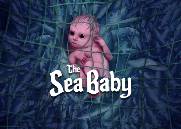 An illustration of a baby, tangled in a fishing net with hundreds of blue mackerel. The baby's expression is neutral and its eyes are pitch black. Text on top reads "The Sea Baby" in a storybook font.